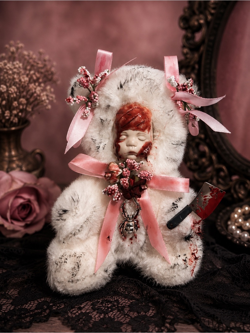 Creepy Gothic Bloody Bunny Doll – Pink Ribbon Horror Decor